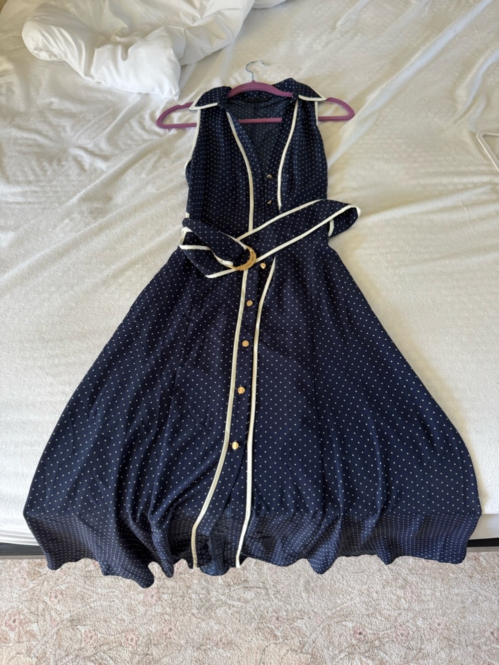 Zara Navy Polka Dot Sleeveless Belted Midi Dress with Cream Trim